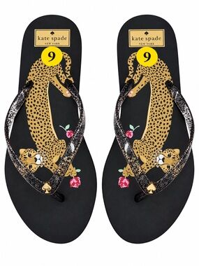 Kate Spade New York Leopard Floral Glitter Flip Flops Black Size 9